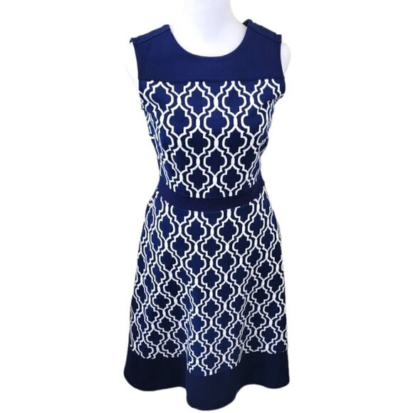 Land's End Sleeveless Fit & Flare Dress Geometric Print Stretch Navy Size 2 - Picture 1 of 14